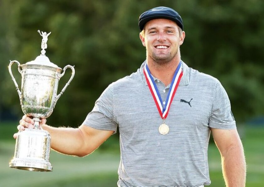 Bryson DeChambeau with trophy at 2020 U.S. Open at Winged Foot