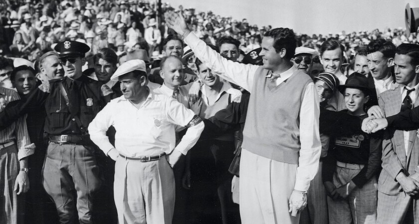 Ralph Guldahl salutes gallery at Oakland Hills after winning 1937 U.S. Open